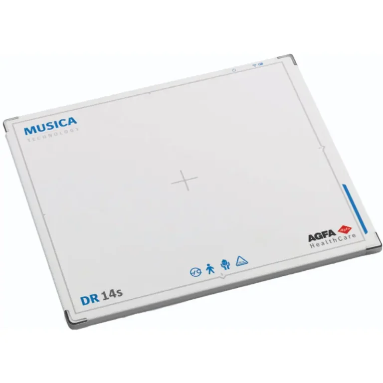 White flat-panel medical imaging detector labeled dr 14s, with musica technology and agfa healthcare branding on the surface.