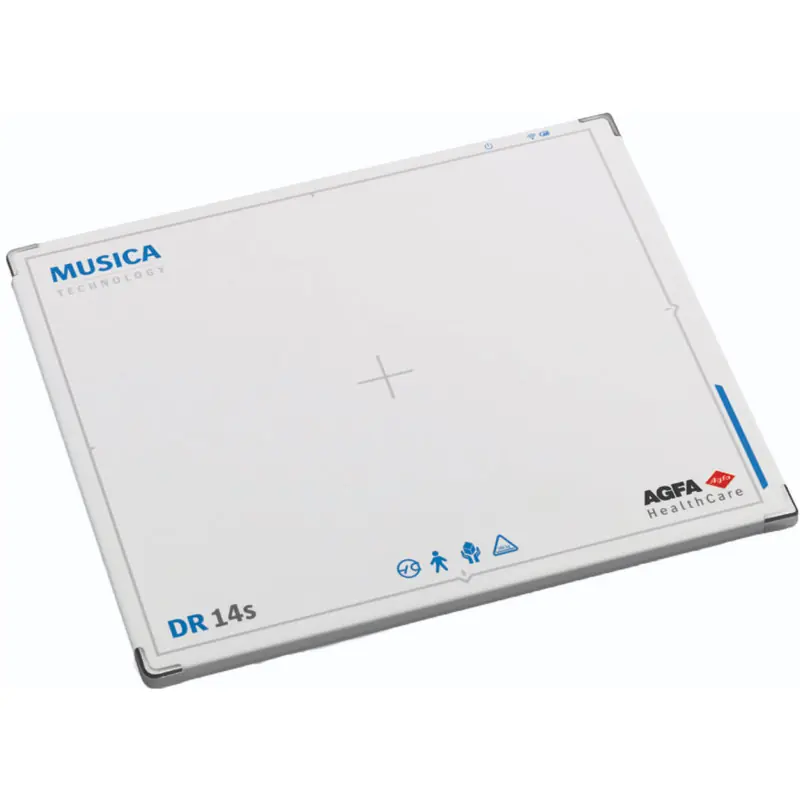 White flat-panel medical imaging detector labeled dr 14s, with musica technology and agfa healthcare branding on the surface.