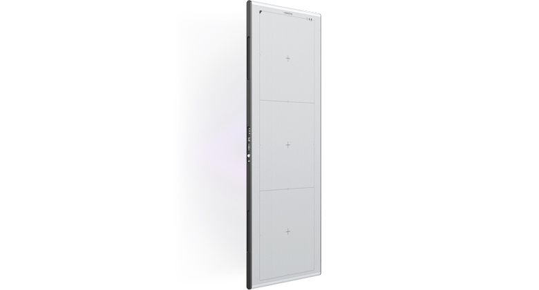 Tall wall-mounted battery storage unit with three modular panels on the front