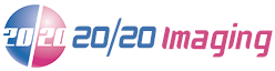 Brand logo for 20/20 imaging with blue and pink text and a circular gradient emblem.