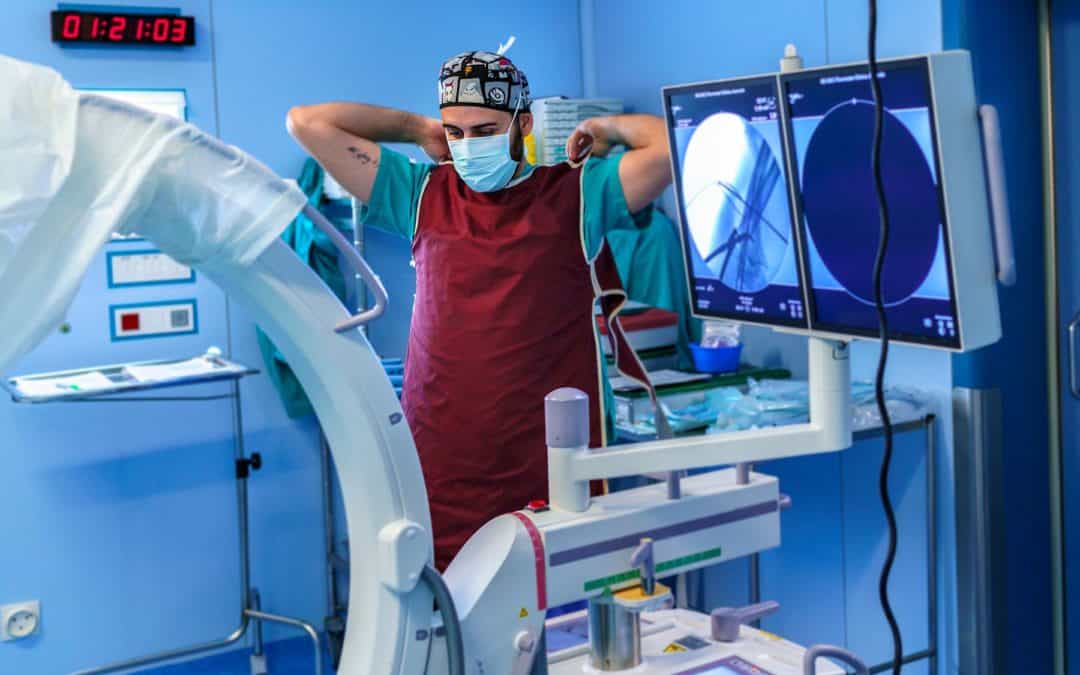 Medical field nurse preparing for xray