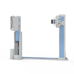 Medical x-ray imaging stand with two vertical blue columns and a left control unit, used to position patients or objects for radiography