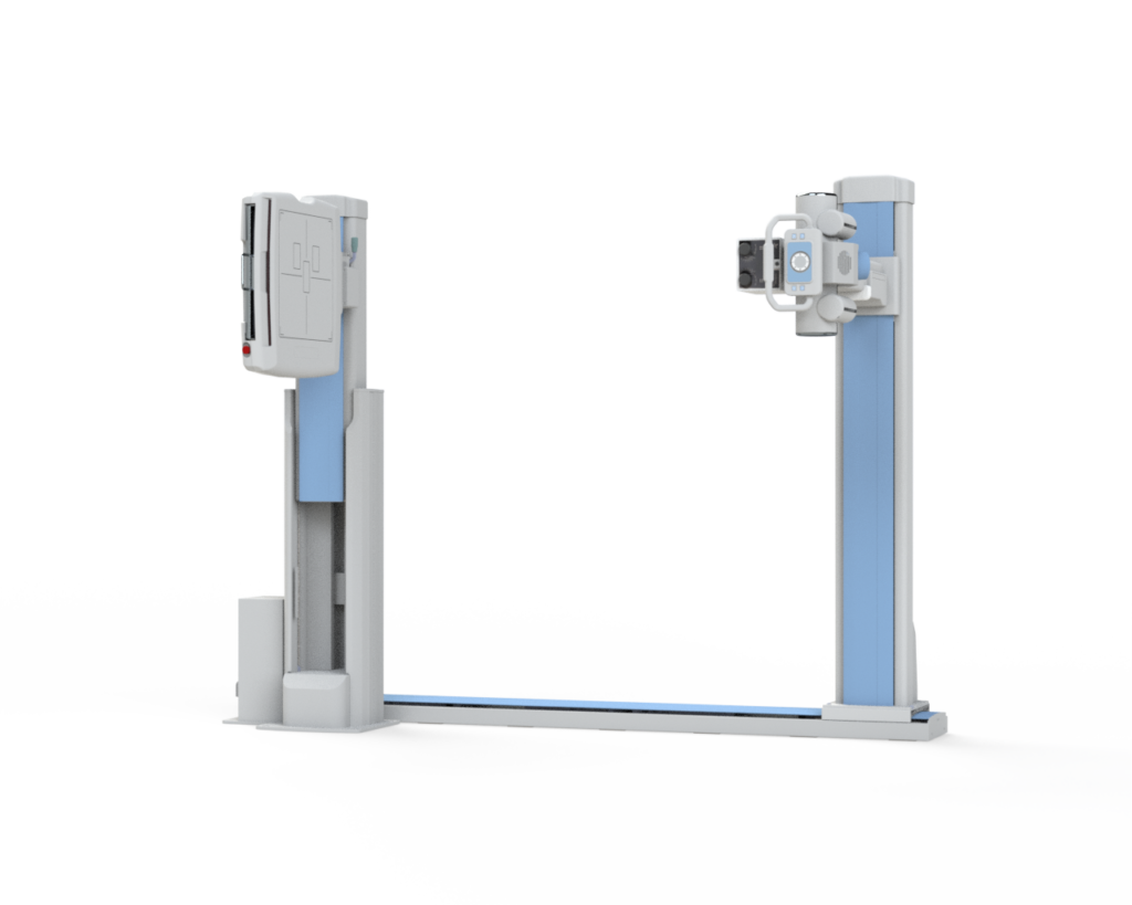 Medical x-ray imaging stand with two vertical blue columns and a left control unit, used to position patients or objects for radiography
