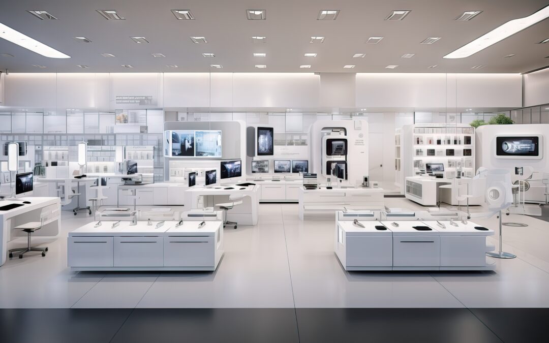 A modern, high-tech laboratory with white and sleek surfaces. The room is filled with advanced equipment, digital screens displaying images, and organized workstations. The atmosphere is clean and futuristic.