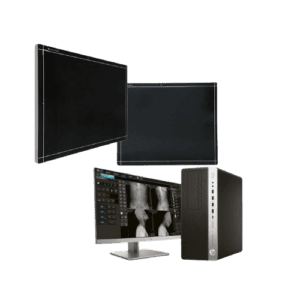 Medical imaging workstation setup with a desktop computer and multiple monitors displaying X-ray images. The screens show detailed radiographic scans, suggesting use in a medical or diagnostic environment.