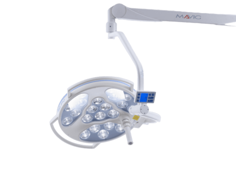 Ceiling-mounted surgical light with multiple bright LEDs and a control panel. It's designed for use in medical operating rooms to provide clear illumination during procedures. The light is attached to an adjustable arm.