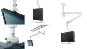 Various configurations of ceiling-mounted medical monitors with adjustable, white metal arms. The monitors are shown from different angles, highlighting the flexibility and positioning options of the arm mounts.