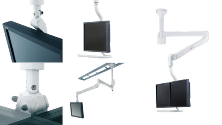 Various configurations of ceiling-mounted medical monitors with adjustable, white metal arms. The monitors are shown from different angles, highlighting the flexibility and positioning options of the arm mounts.