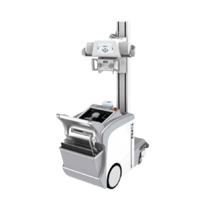 A mobile medical imaging device on wheels, featuring a control panel and extendable arm. The unit is primarily gray and white, designed for hospital use.