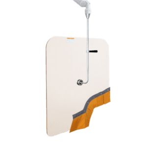 Transparent barrier with a wood-accented base and an attached overhead microphone, designed for speaking or singing in public spaces.