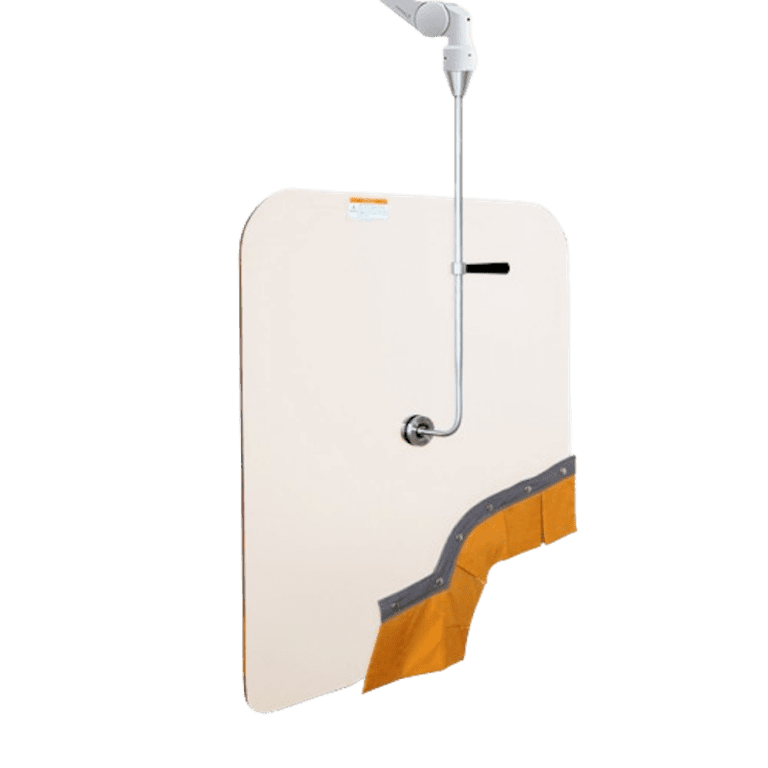Transparent barrier with a wood-accented base and an attached overhead microphone, designed for speaking or singing in public spaces.
