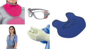 Collage of protective medical gear: a person wearing a pink and gray protective garment, safety glasses, a hand wearing a surgical glove, and a blue protective apron.