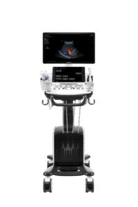 Front view of a Mindray Consona N6 ultrasound system on a mobile cart displaying a color Doppler image.