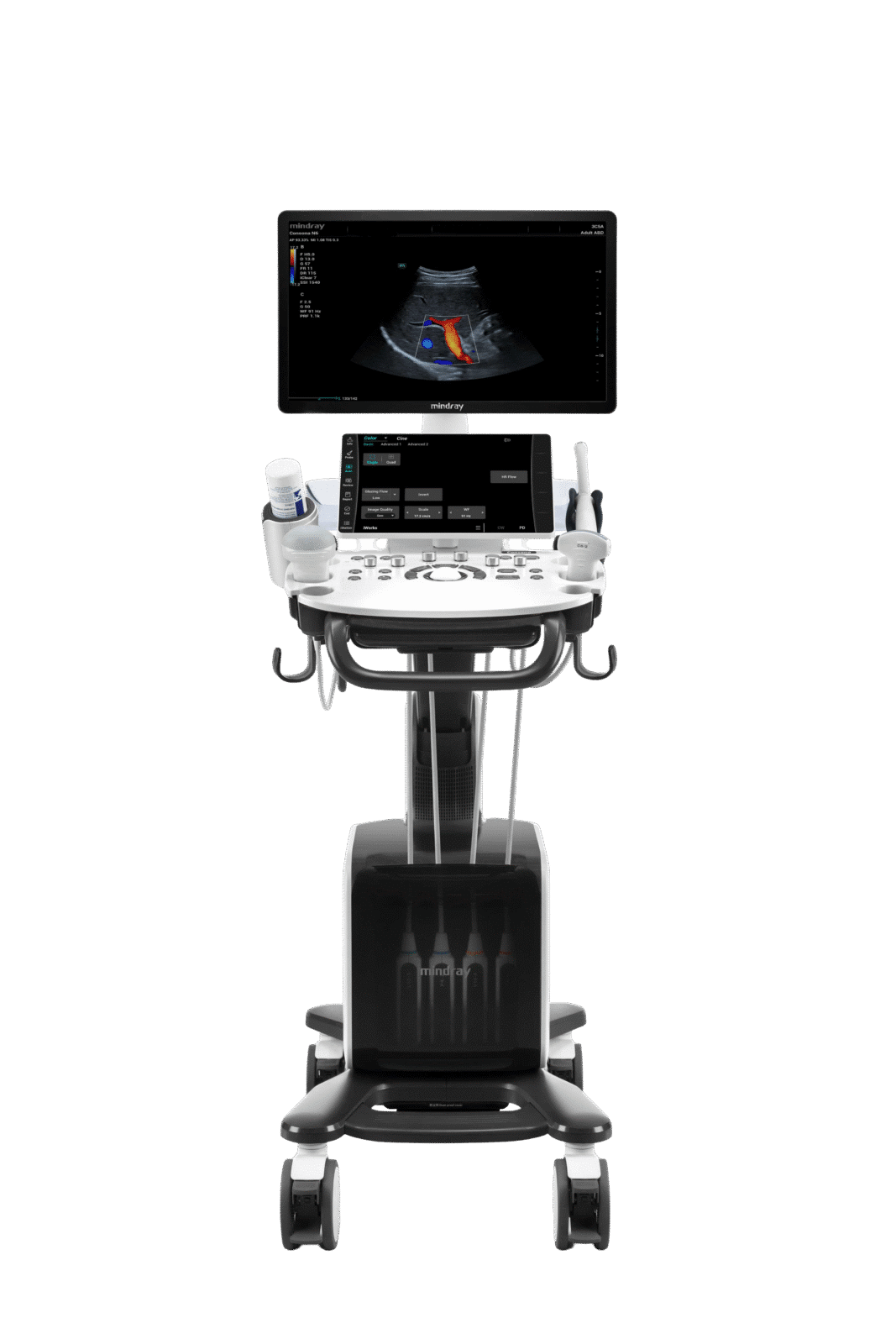 Consona_N6_Front-View_Cover_25519 Front view of a Mindray Consona N6 ultrasound system on a mobile cart displaying a color Doppler image.