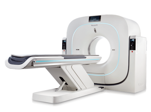 A white Neusoft NeuViz 128 CT scanner with its patient table extended, illuminated by blue light.