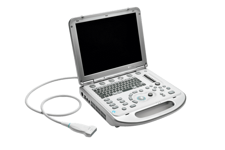 An open Mindray M7 Premium portable ultrasound system with a black screen and an attached transducer.