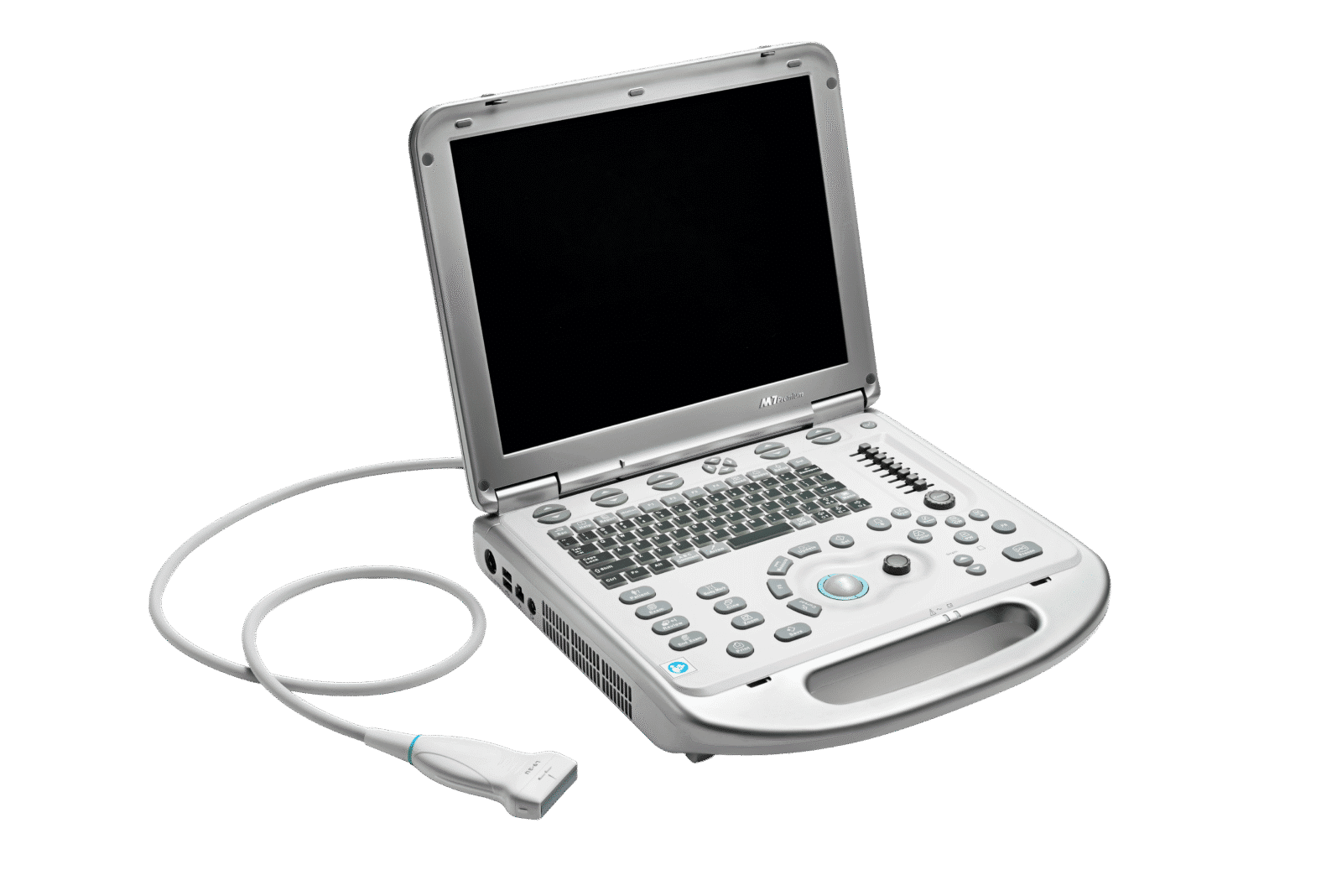 An open Mindray M7 Premium portable ultrasound system with a black screen and an attached transducer.
