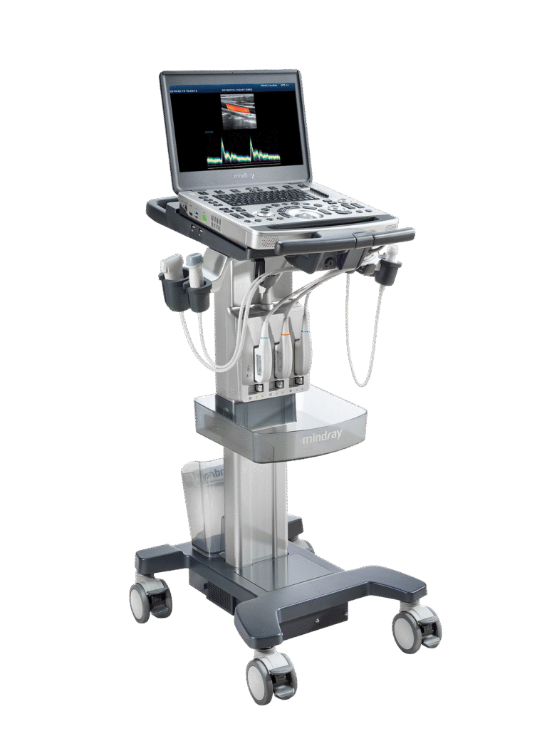 A Mindray M8 Elite portable ultrasound system on a mobile cart with multiple transducers attached.