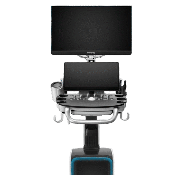 Front view of a Mindray Consona N9 ultrasound system on a mobile cart with two screens.