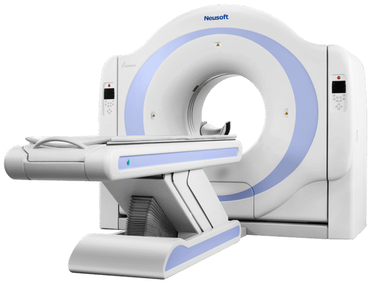 An angled front view of the white Neusoft NeuViz 16 Essence CT scanner with the patient table extended.