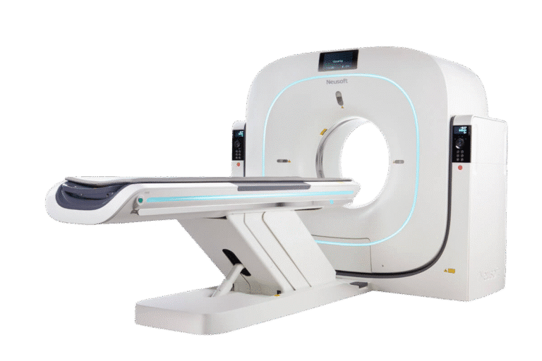 A white Neusoft NeuViz 64 In CT scanner with its patient table extended, highlighted by blue light.