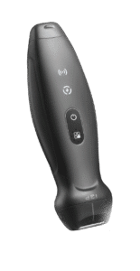 Black handheld ultrasound scanner, "TE Air" model, with a power button and two other buttons. "I3P" is on its base.