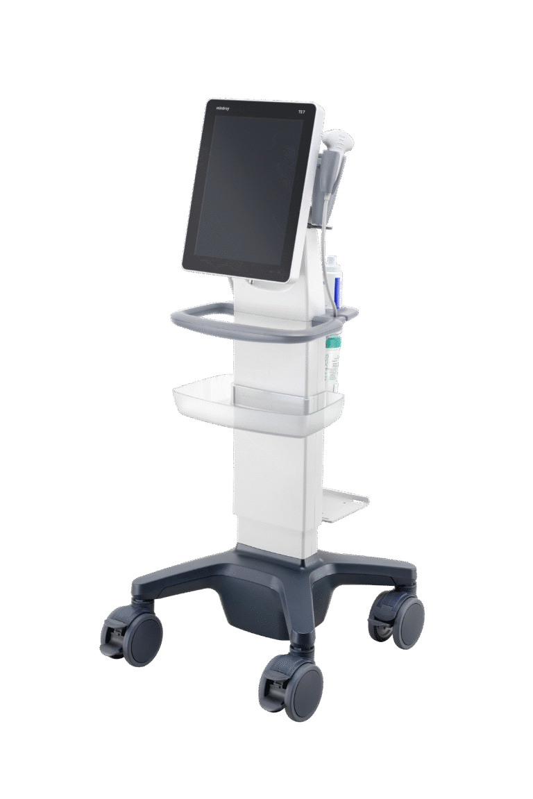 A white Mindray TE7 ultrasound system on a mobile cart with a blank screen.