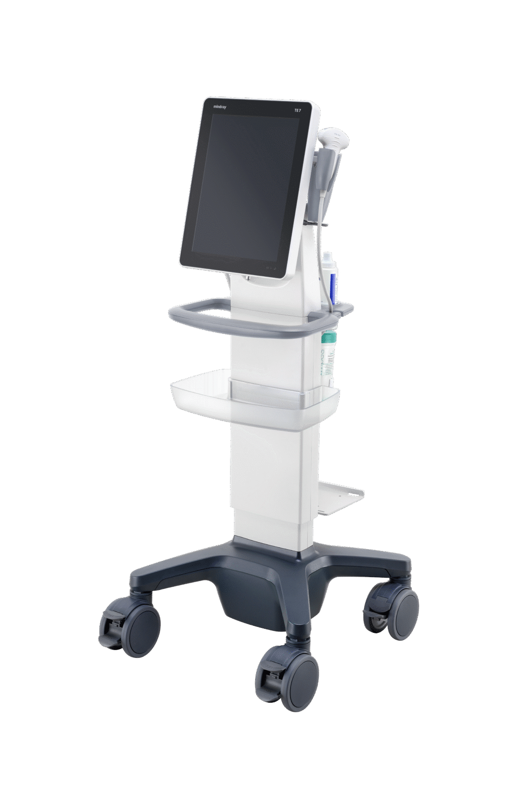 A white Mindray TE7 ultrasound system on a mobile cart with a blank screen.