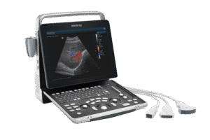 A Mindray Z60 portable ultrasound system with an open lid, displaying a color Doppler image, with three transducers attached.