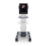 Mobile ultrasound machine on a wheeled stand with a touchscreen monitor displaying an ultrasound image in grayscale and color doppler accents.