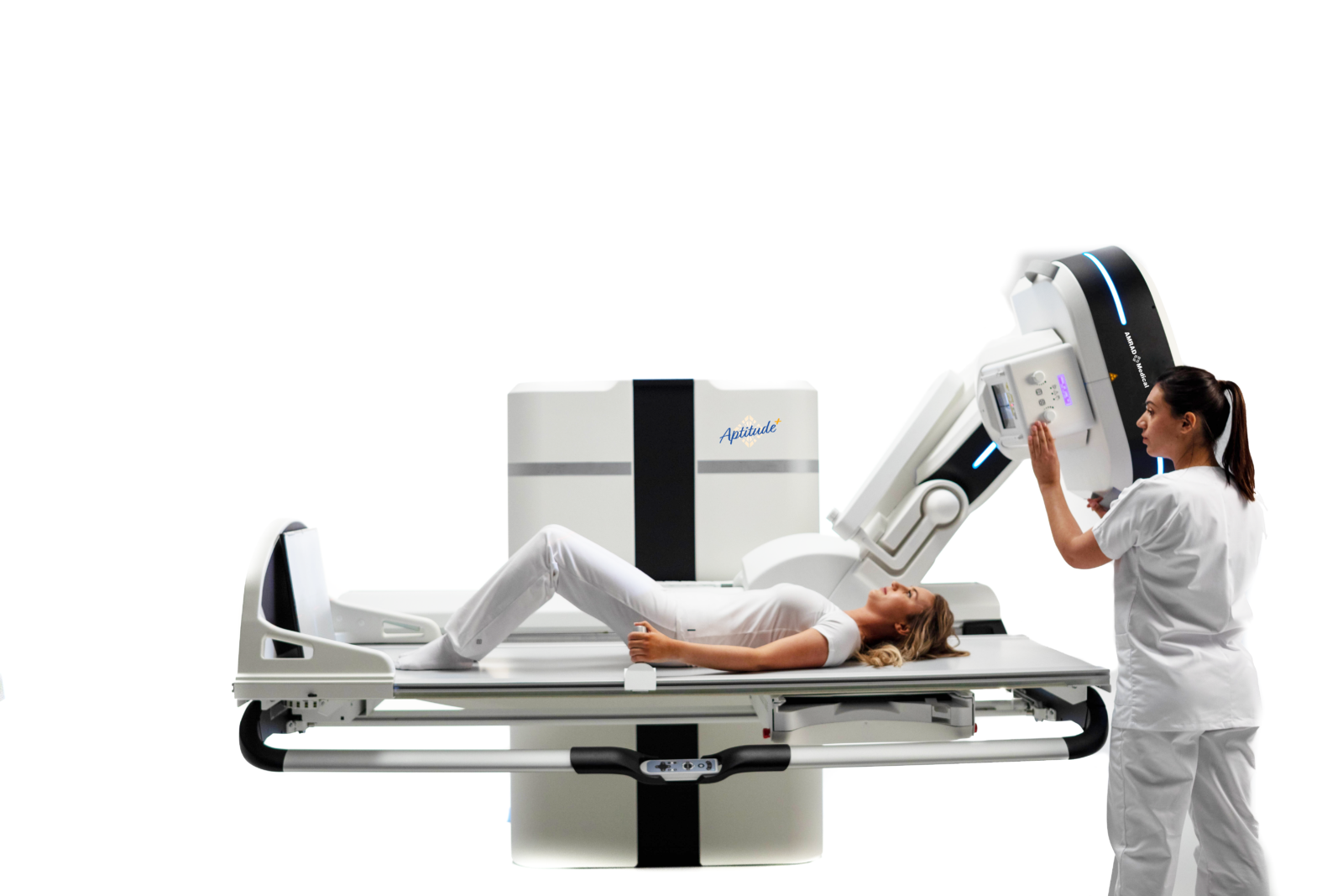 Patient lying on an mri scanner bed as a clinician operates the controls beside the machine.