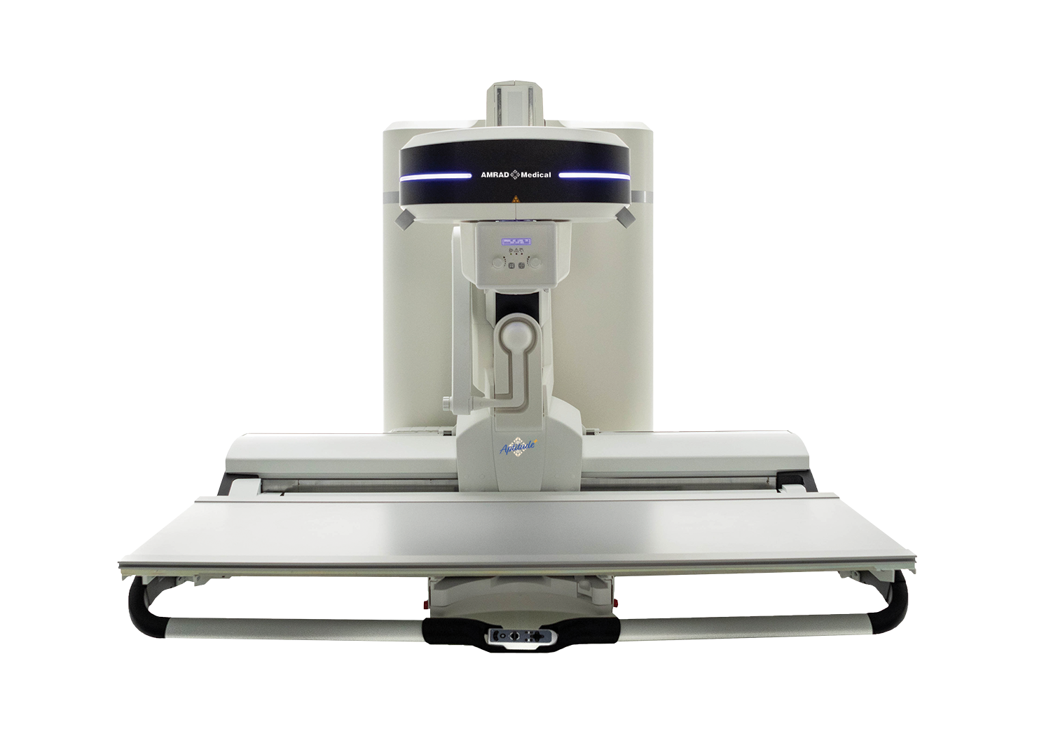 Front view of a large medical imaging machine with a patient table and overhead gantry ready for scans in a clinical setting (amrad medical).