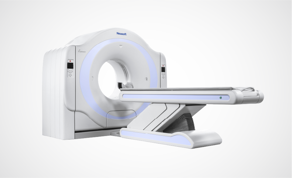 Modern mri scanner with a circular bore and sliding patient table on a gray background.