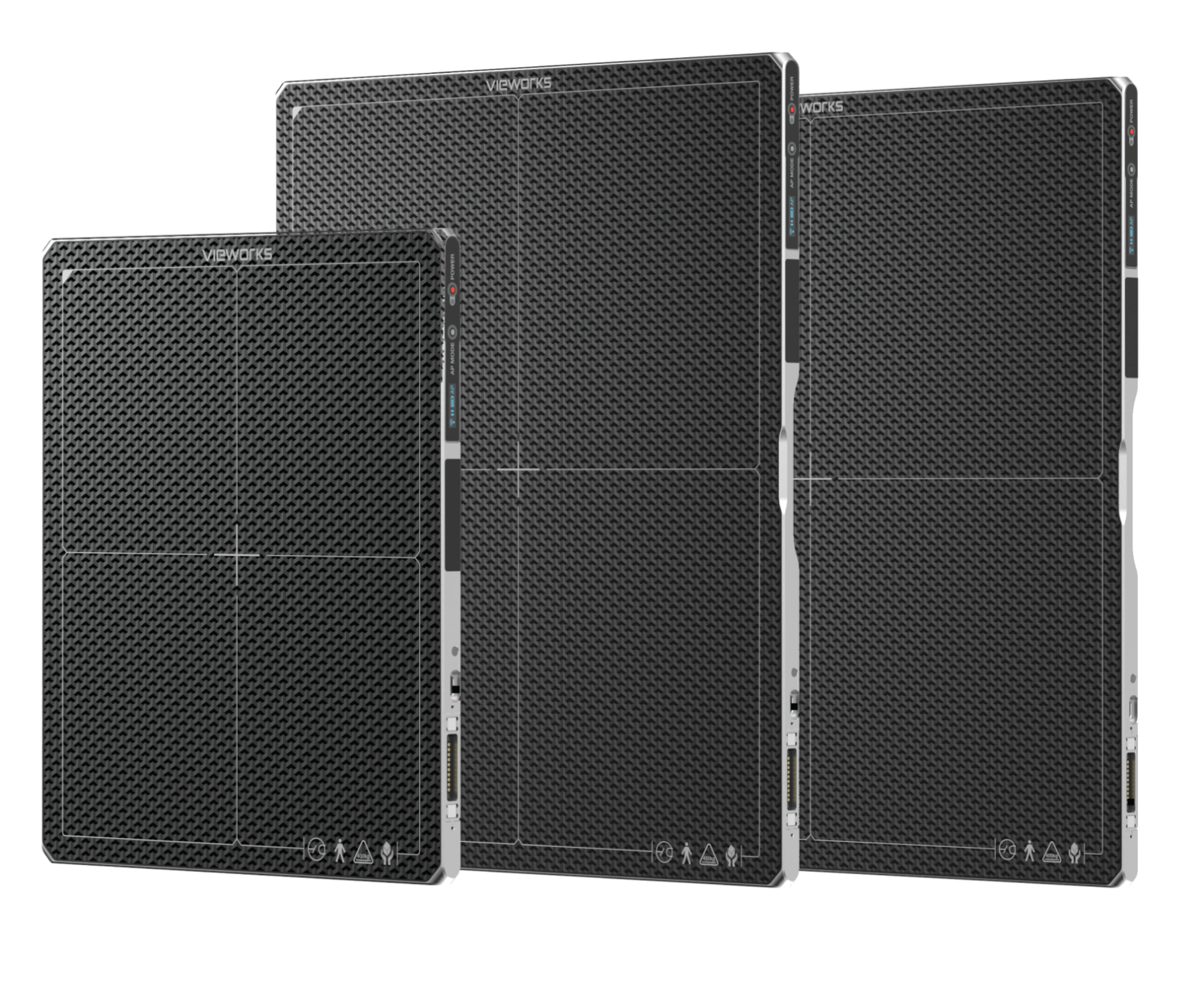 Three vieworks professional loudspeaker cabinets with metal mesh grills arranged in a row.