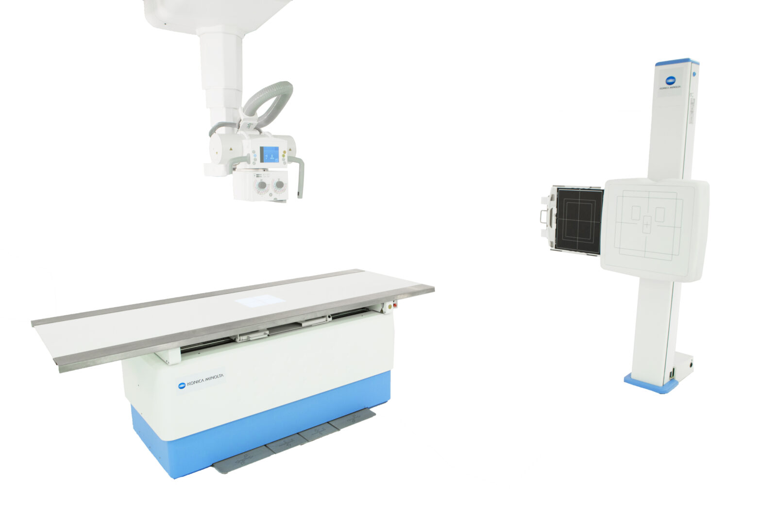 Medical x-ray imaging system with a long examination table and overhead imaging unit on a white background