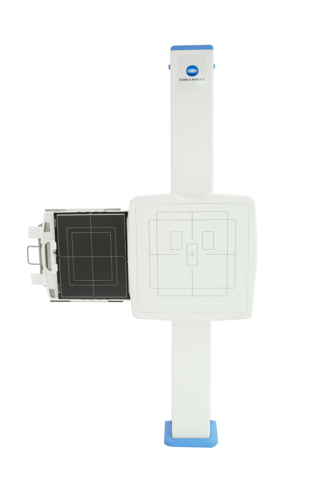 Tall white imaging device on a vertical stand with blue accents and a konica minolta logo on the front panel, against a white background.