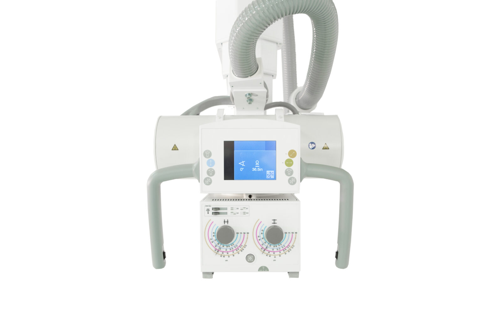 An anesthesia delivery machine with a touchscreen display and gas tubing on a wheeled cart