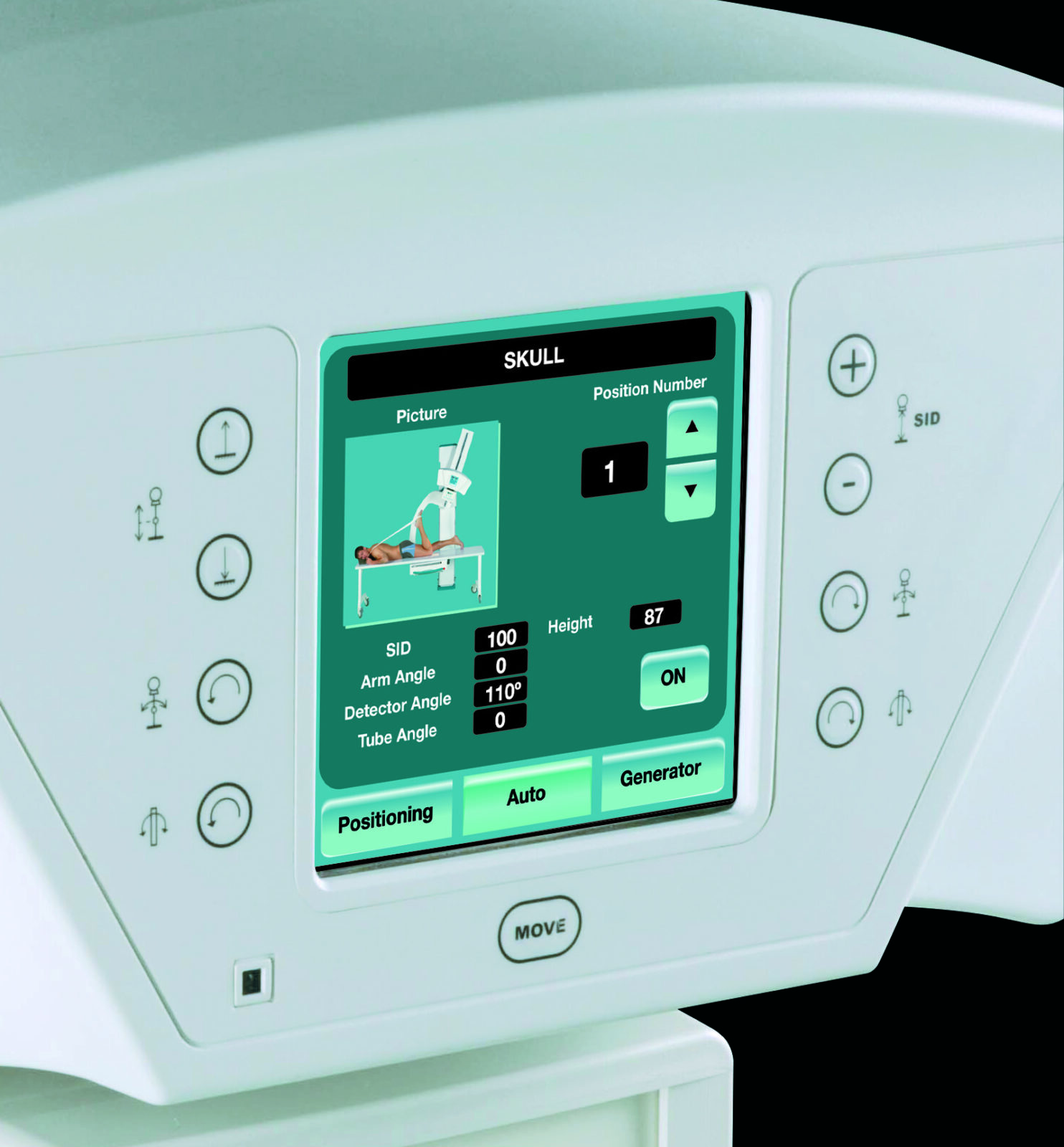 Teal touchscreen on a medical scanner showing the word skull and skull-position data with numeric readouts and control buttons on the side.