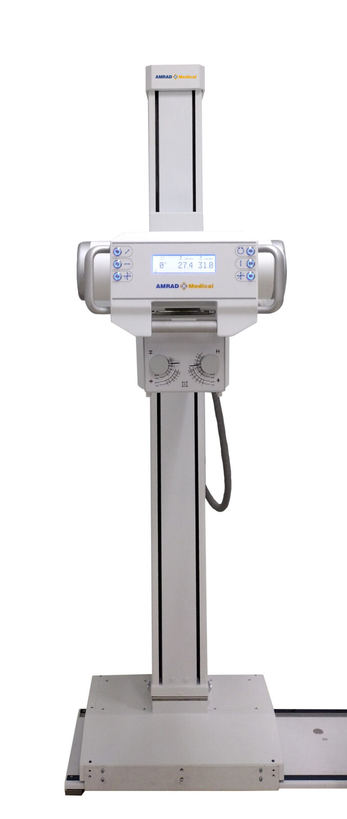 Vertical medical imaging stand with a control console and amrad medical branding, mounted on a tall column with a base rail system.