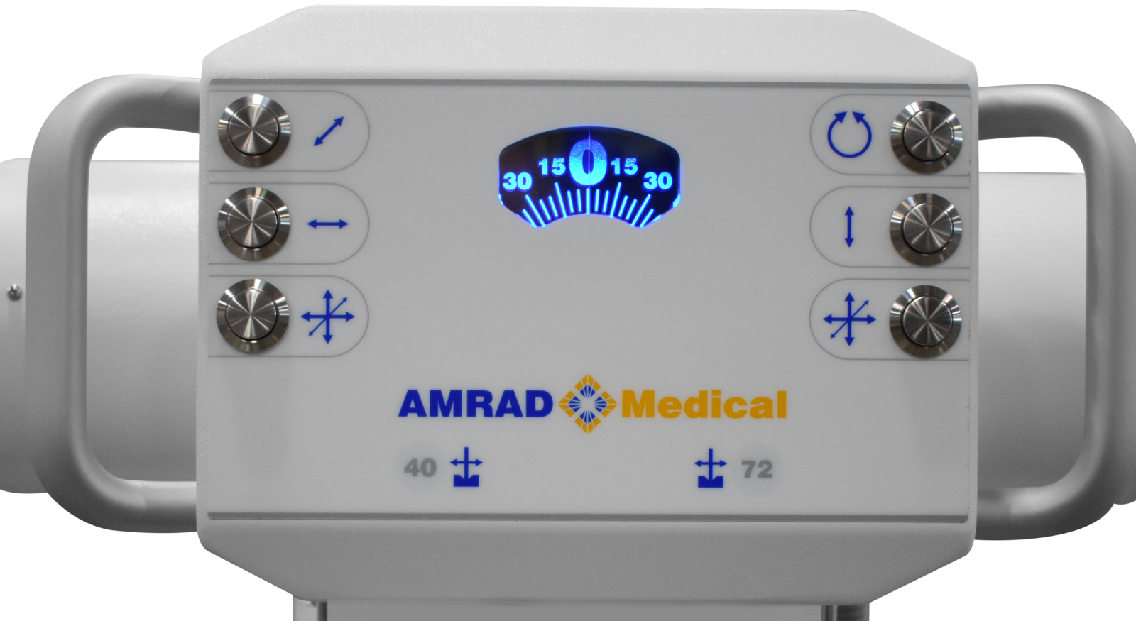 Medical device control panel featuring a blue backlit gauge in the center and six knobs with directional icons, labeled 'amrad medical' below.
