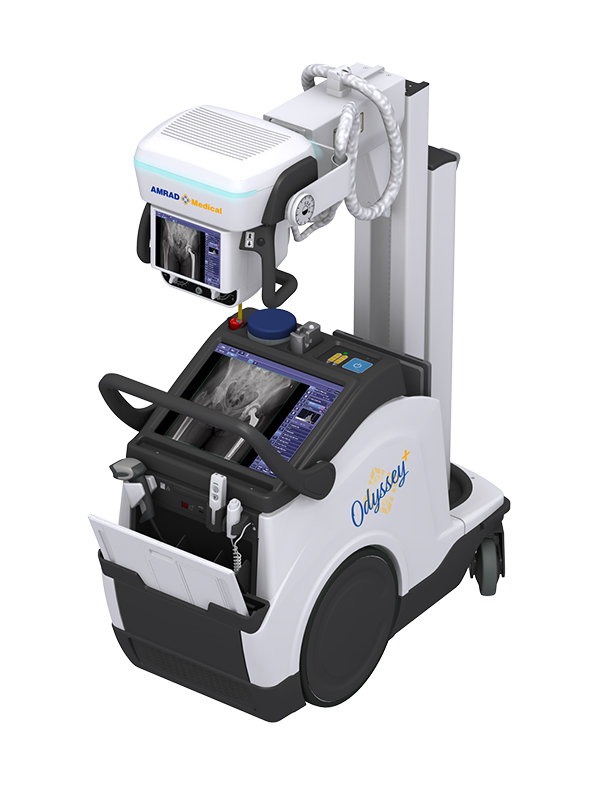 Portable cart-mounted medical imaging system with dual screens and a robotic arm, ready for procedures.