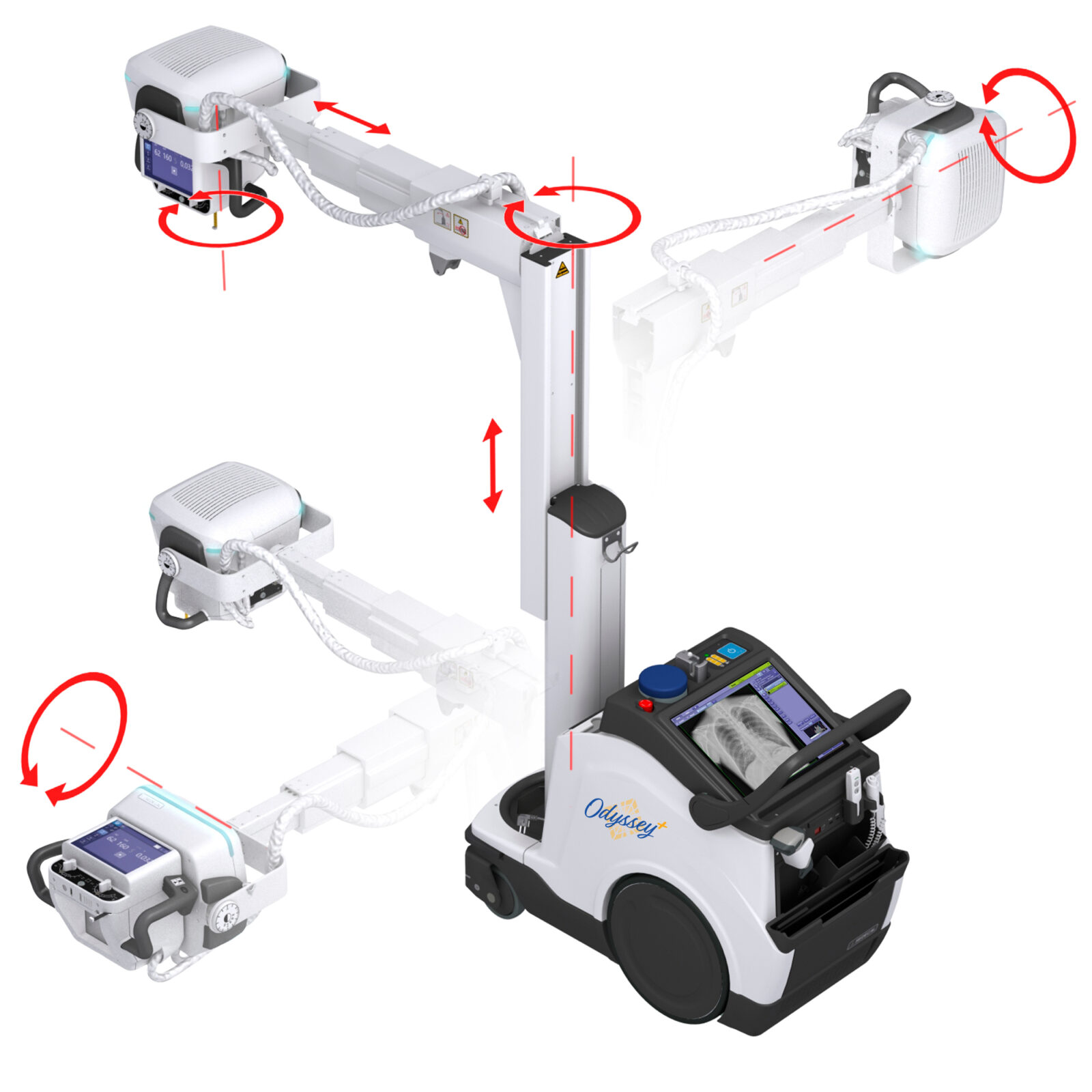 Illustration of a modular robotic medical imaging system with jointed arms, cables, and a touchscreen control unit (odyssey+). Red arrows show rotational movement at joints.