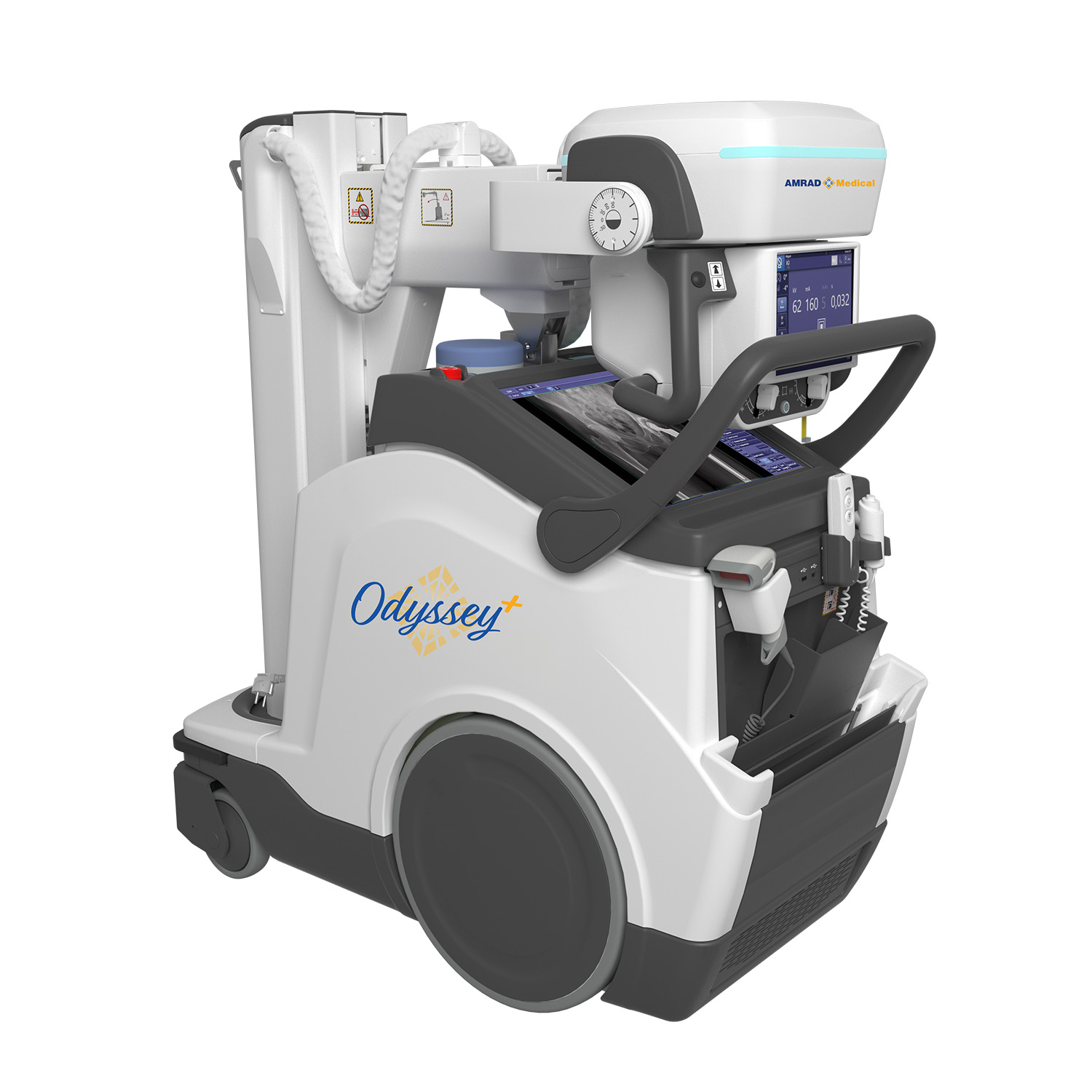 Portable medical imaging system on wheels labeled 'odyssey+' with a monitor and control panel for hospital use, amrad medical logo visible.