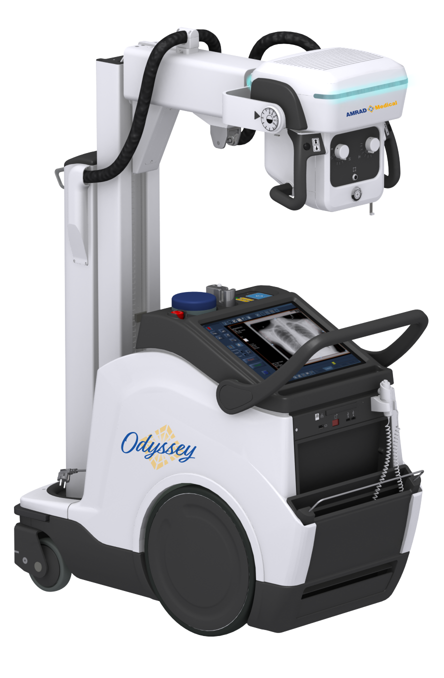 Portable c-arm x-ray machine on a wheeled cart with a control console labeled odyssey.
