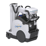 Portable medical imaging device on wheels labeled odyssey for mobile radiography use
