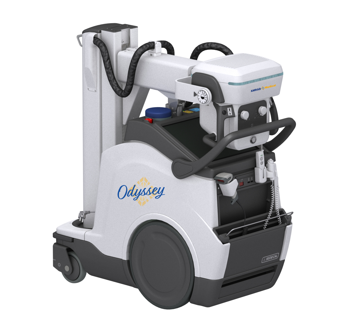 Portable medical imaging device on wheels labeled odyssey for mobile radiography use