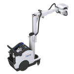 Mobile x-ray system on wheels with an adjustable overhead arm and control console labeled odyssey for radiography exams