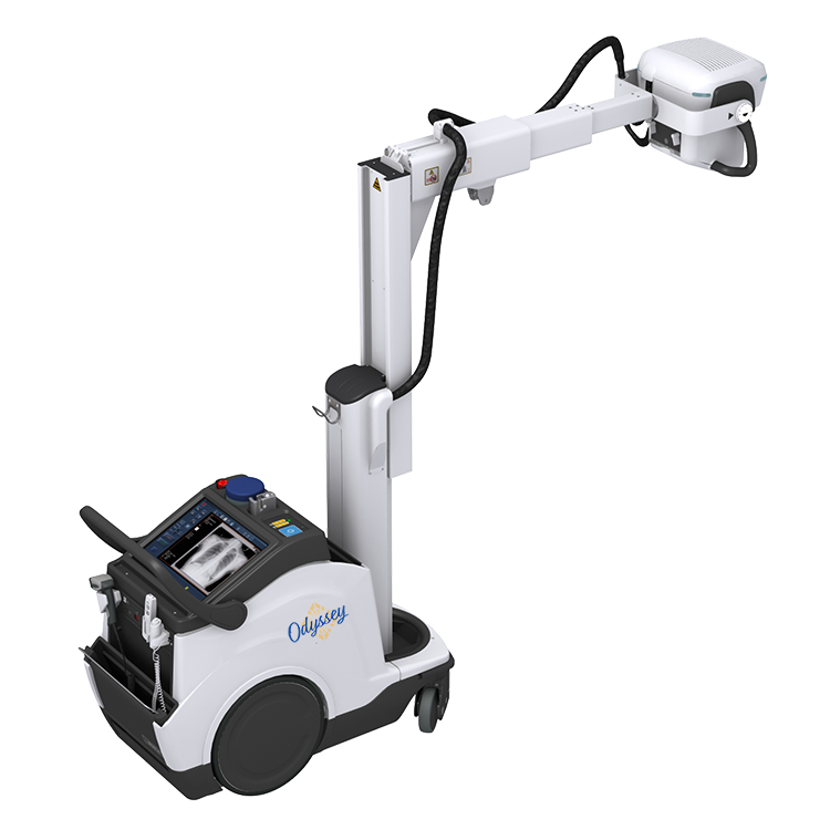 Mobile x-ray system on wheels with an adjustable overhead arm and control console labeled odyssey for radiography exams