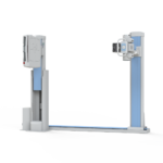 Medical x-ray imaging stand with two vertical columns and a movable imaging head on the right.