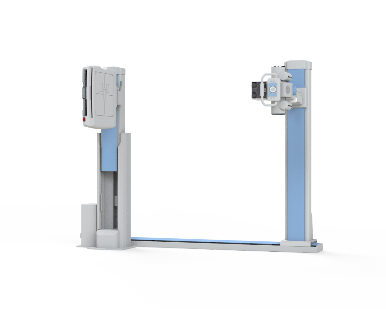 Medical x-ray imaging stand with two vertical columns and a movable imaging head on the right.